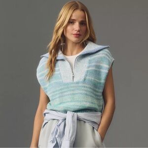525 America Light Blue & White Striped Sleeveless Zip-Front V-Neck Sweater